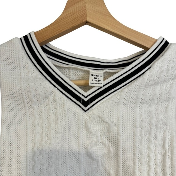 SHEIN White with Black Stripes V-Neck Varsity Cropped Sweater Vest Size 11-12Y☀️ - Picture 9 of 12